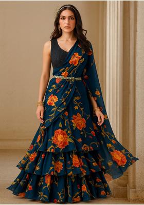 Teal Blue Georgette Printed Pre Draped Saree Set