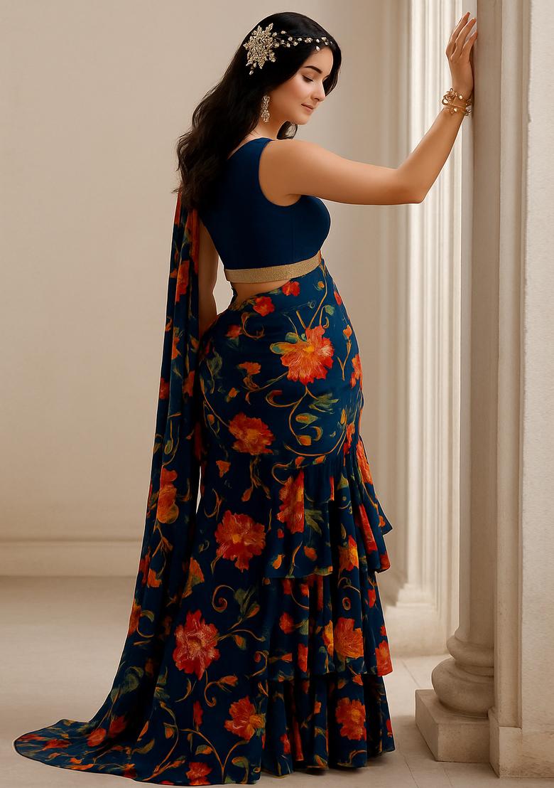 Teal Blue Georgette Printed Pre Draped Saree Set - Indya