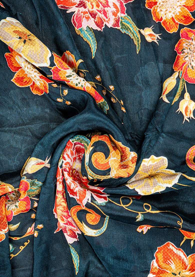 Teal Blue Georgette Printed Pre Draped Saree Set - Indya