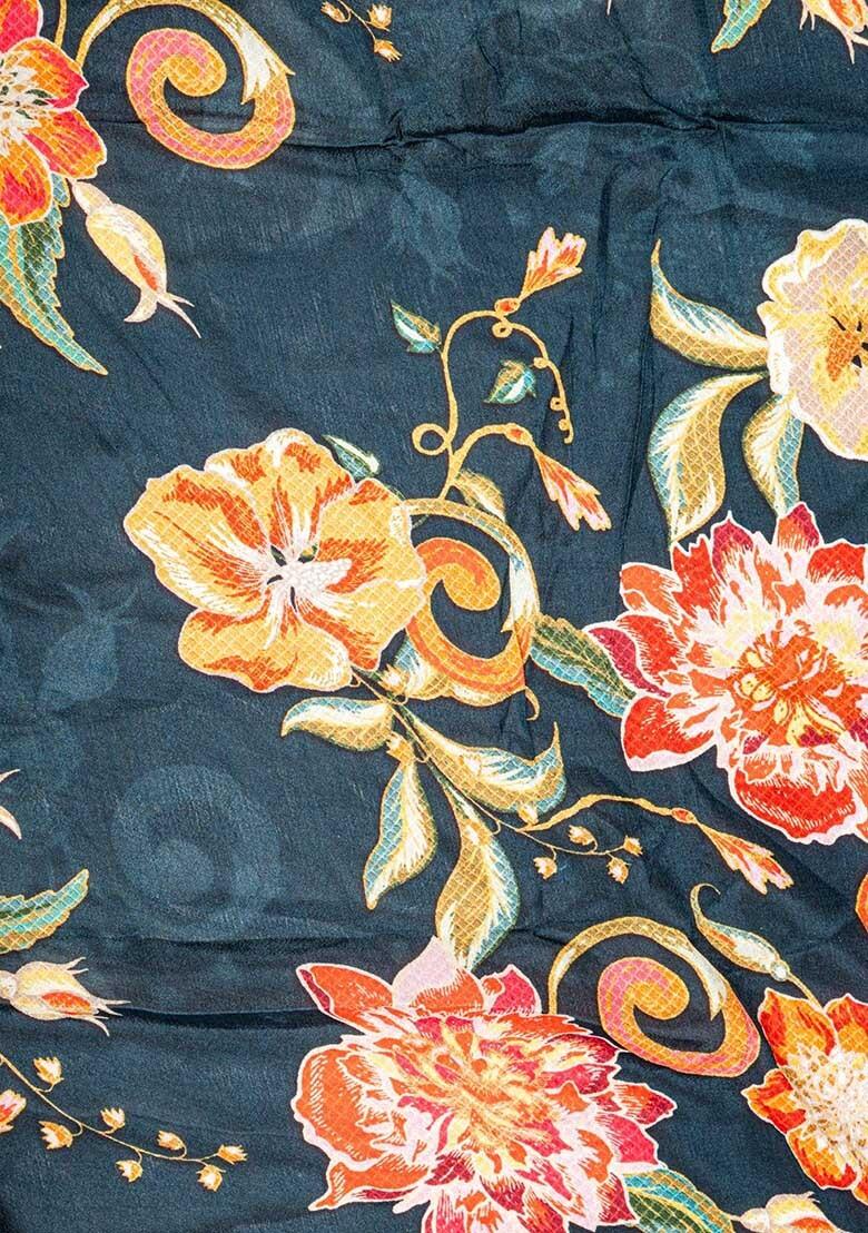 Teal Blue Georgette Printed Pre Draped Saree Set - Indya