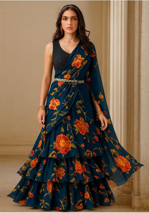 Teal Blue Georgette Printed Pre Draped Saree Set