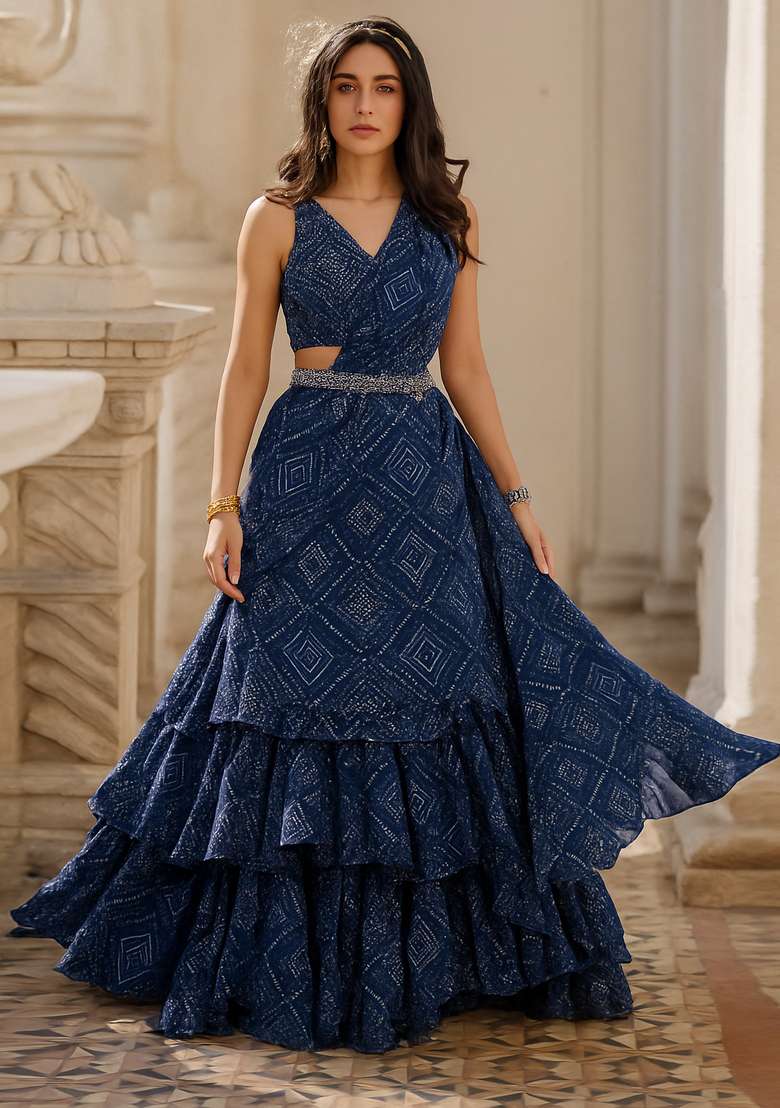 Blue Georgette Printed Pre Draped Saree Set for Diwali and Festive Wear - Indya
