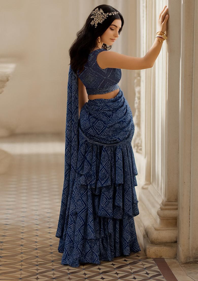 Blue Georgette Printed Pre Draped Saree Set - Indya