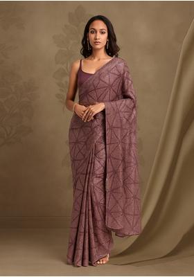 Peach Net Sequin Embellished Blouse Pre Draped Saree Set