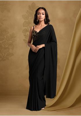 Black Georgette Sequin Embellished Blouse Pre Draped Saree Set
