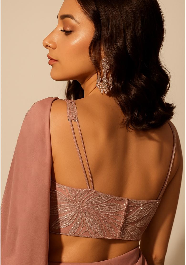 Peach Georgette Sequin Embellished Blouse Pre Draped Saree Set - Indya