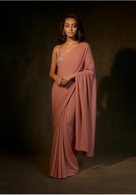 Peach Georgette Sequin Embellished Blouse Pre Draped Saree Set