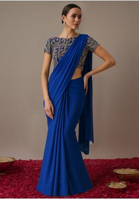Royal Blue Crepe Sequin Embroidered Blouse Pre Draped Saree Set