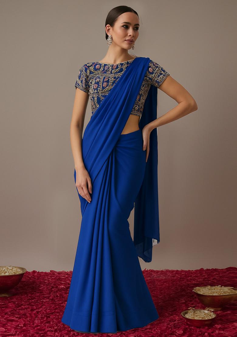 Royal Blue Crepe Sequined Embroidered Blouse Pre Draped Saree Set