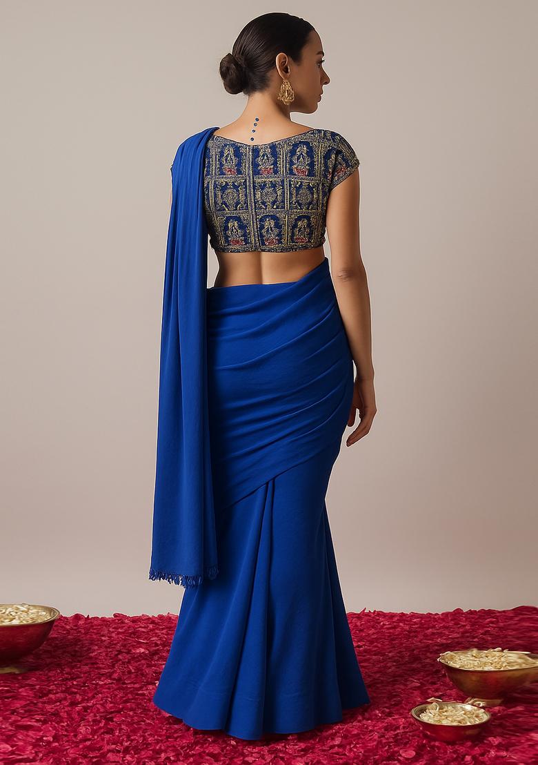 Royal Blue Crepe Sequin Embroidered Blouse Pre Draped Saree Set - Indya