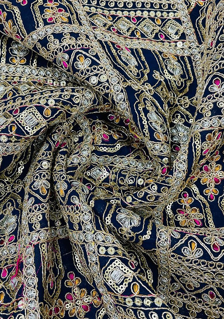 Royal Blue Crepe Sequined Embroidered Blouse Pre Draped Saree Set