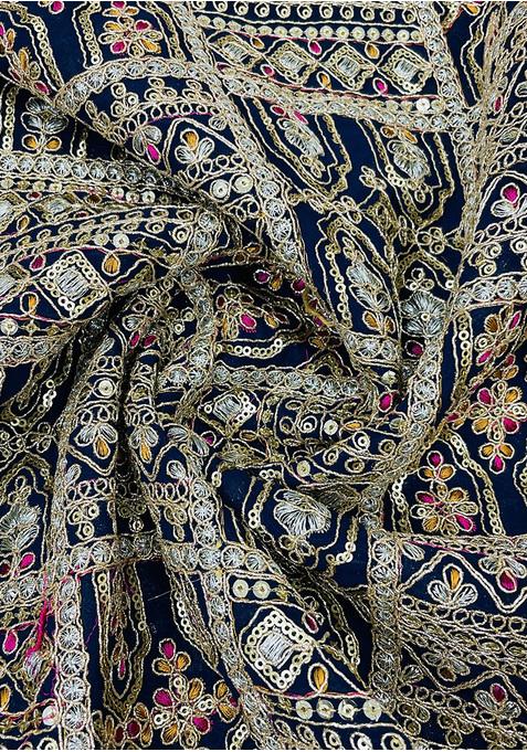 Royal Blue Crepe Sequined Embroidered Blouse Pre Draped Saree Set