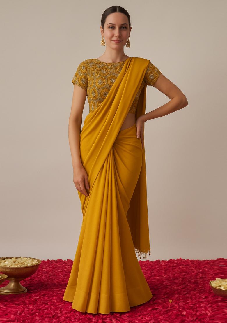 Mustard Yellow Crepe Sequined Embroidered Blouse Pre Draped Saree Set