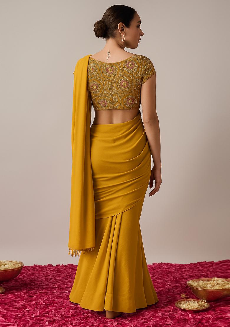 Mustard Yellow Crepe Sequin Embroidered Blouse Pre Draped Saree Set - Indya