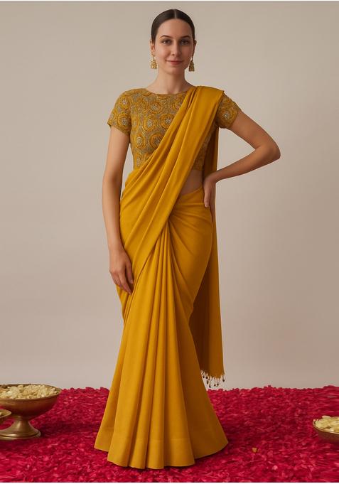 Mustard Yellow Crepe Sequined Embroidered Blouse Pre Draped Saree Set