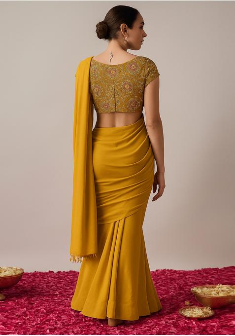 Mustard Yellow Crepe Sequined Embroidered Blouse Pre Draped Saree Set