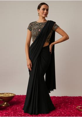 Black Crepe Sequin Embroidered Blouse Pre Draped Saree Set