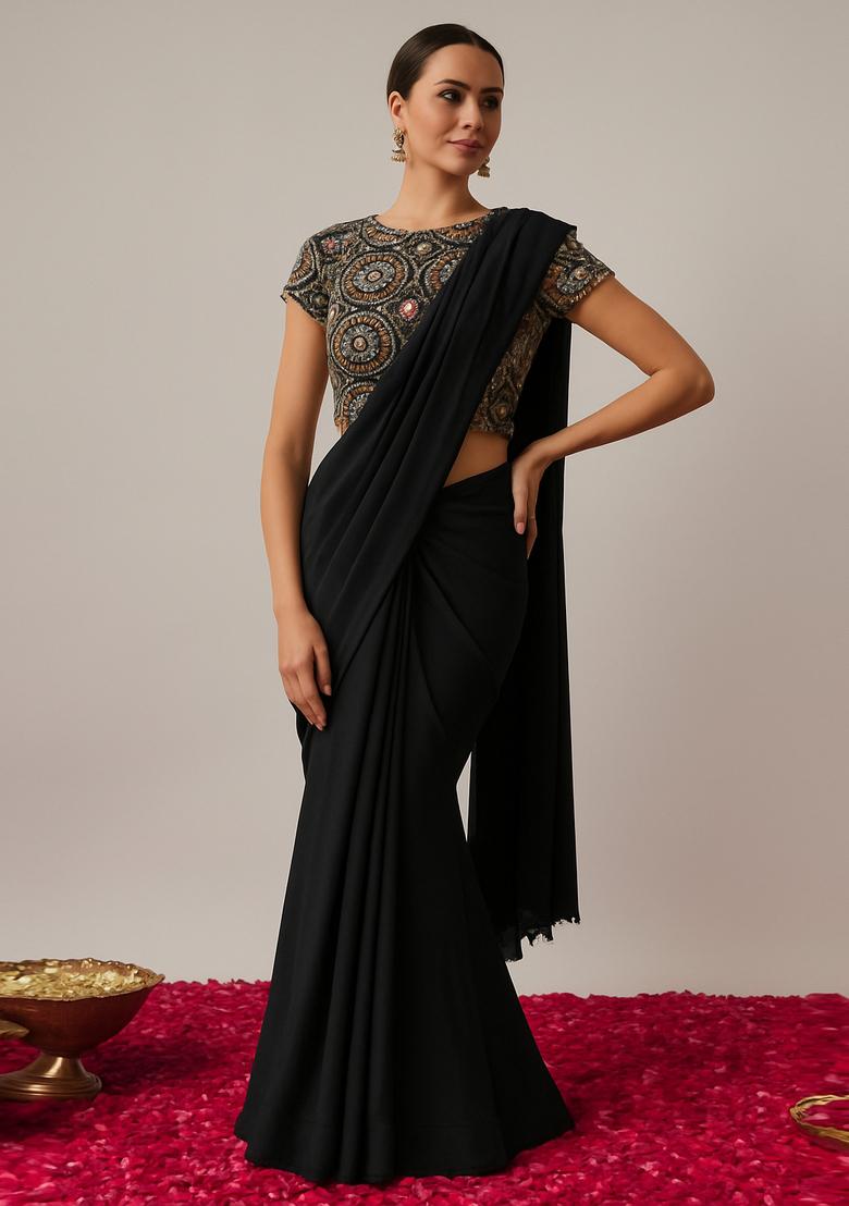 Black Crepe Sequin Embroidered Blouse Pre Draped Saree Set