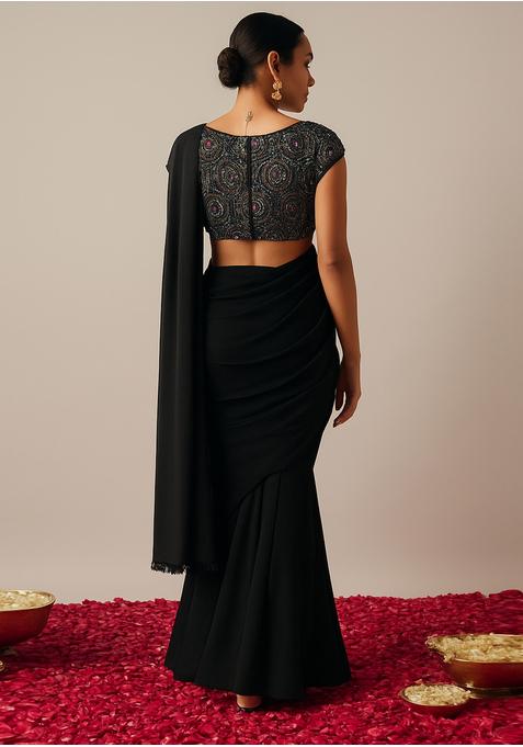 Black Crepe Sequin Embroidered Blouse Pre Draped Saree Set