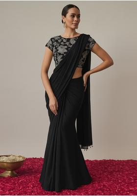Black Crepe Sequin Embroidered Blouse Pre Draped Saree Set