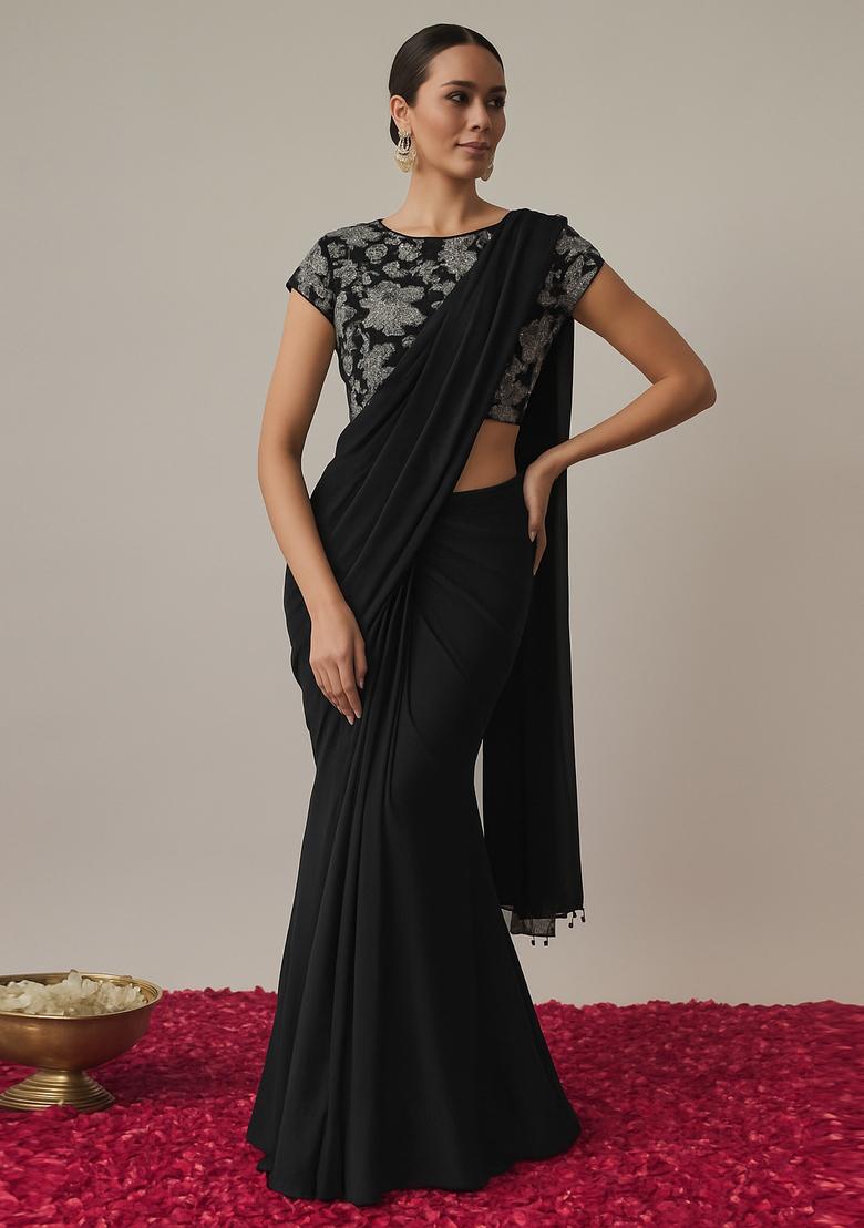Black Crepe Sequin Embroidered Blouse Pre Draped Saree Set