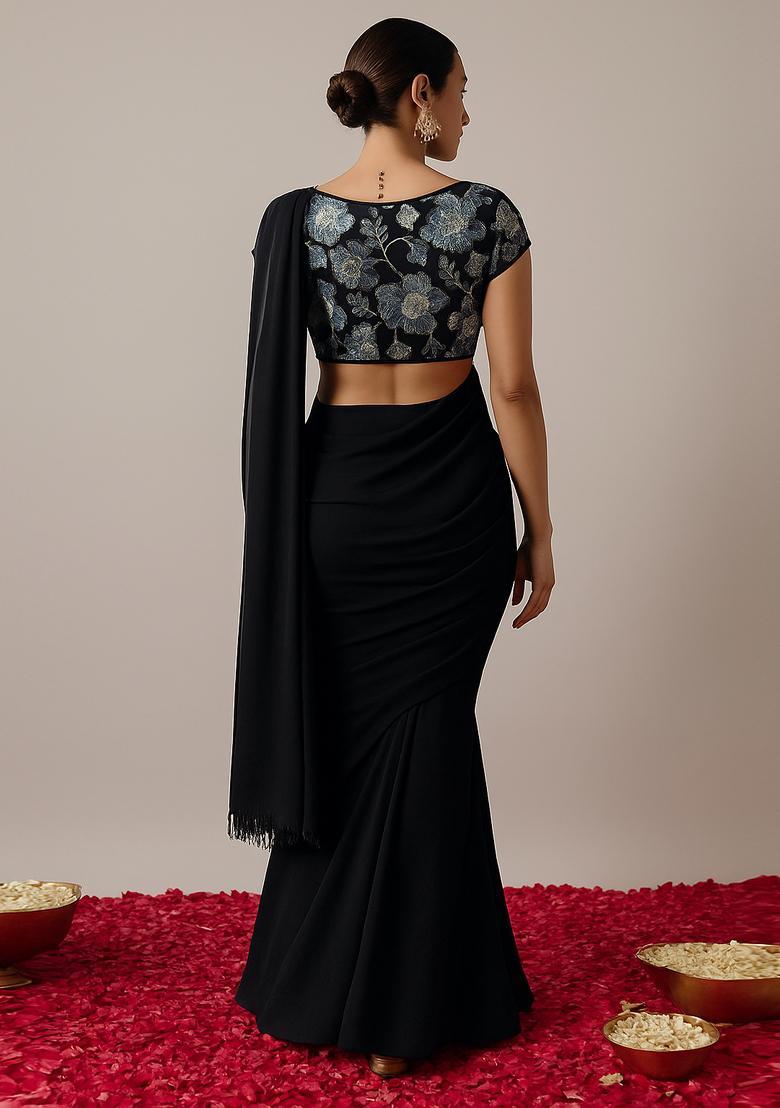 Black Crepe Sequin Embroidered Blouse Pre Draped Saree Set - Indya