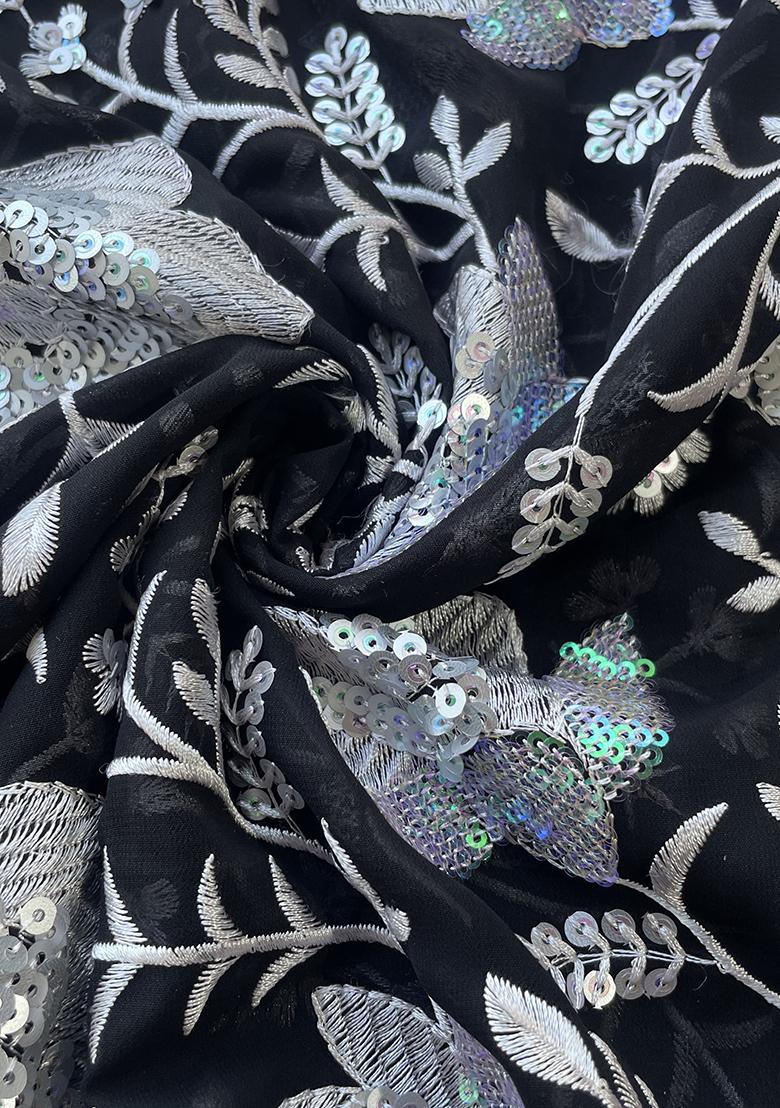 Black Crepe Sequin Embroidered Blouse Pre Draped Saree Set