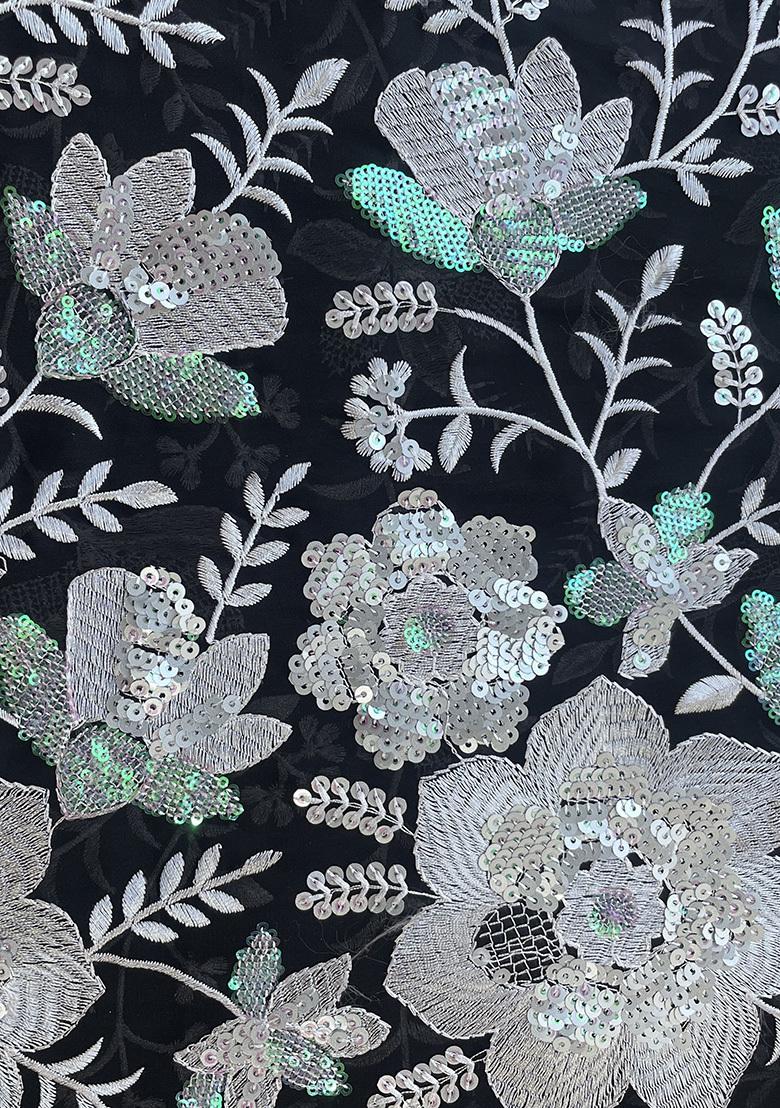 Black Crepe Sequin Embroidered Blouse Pre Draped Saree Set - Indya