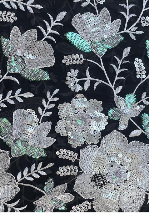 Black Crepe Sequin Embroidered Blouse Pre Draped Saree Set