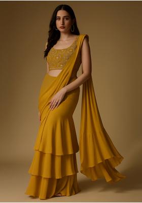 Yellow Chinon Sequin Embroidered Blouse Pre Draped Saree Set