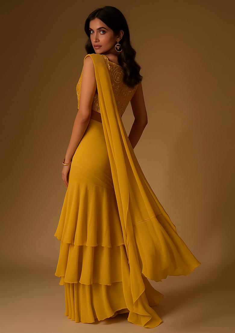 Yellow Chinon Sequin Embroidered Blouse Pre Draped Saree Set - Indya