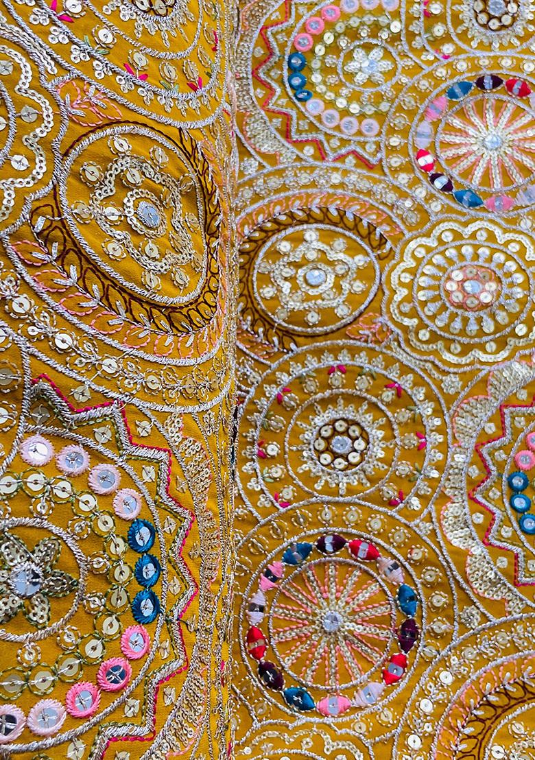 Yellow Chinon Sequin Embroidered Blouse Pre Draped Saree Set - Indya