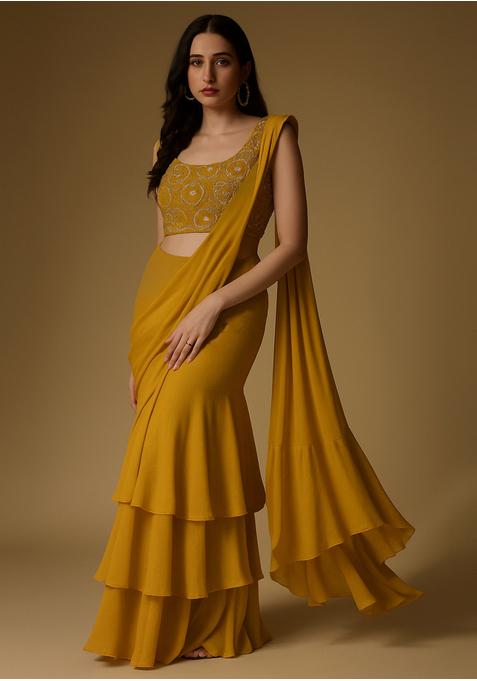 Yellow Chinon Sequin Embroidered Blouse Pre Draped Saree Set