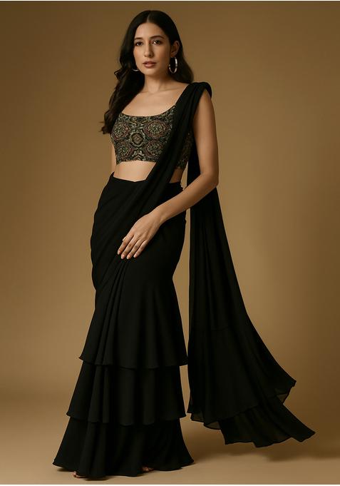 Black Chinon Sequin Embroidered Blouse Pre Draped Saree Set
