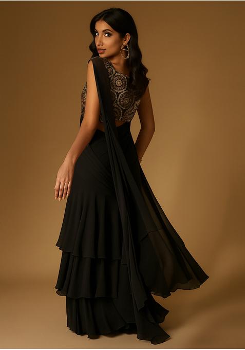 Black Chinon Sequin Embroidered Blouse Pre Draped Saree Set
