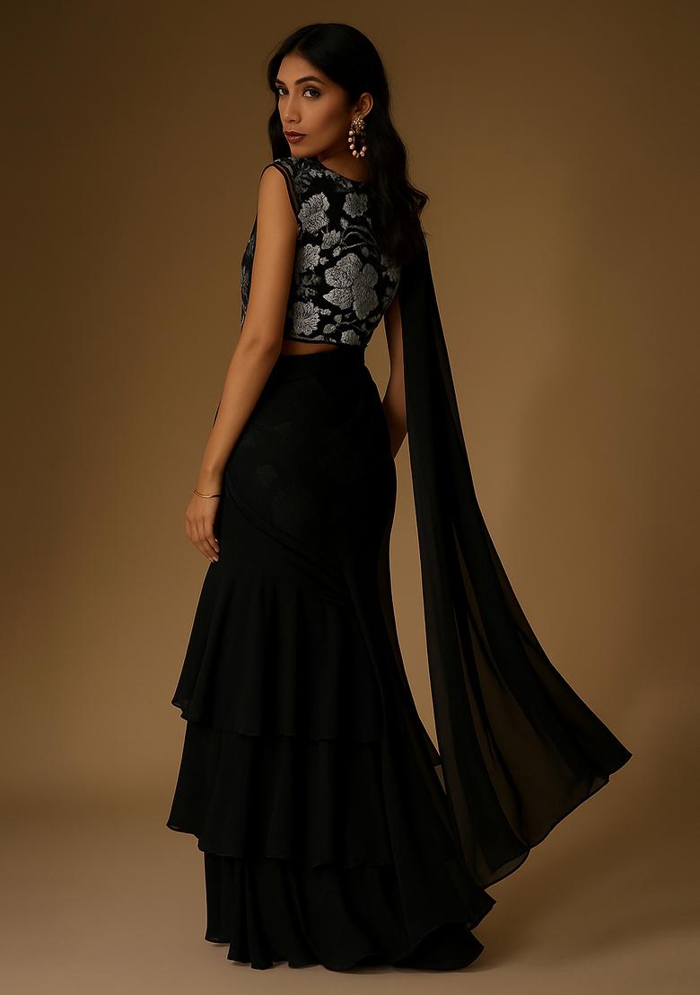 Black Chinon Sequin Embroidered Blouse Pre Draped Saree Set - Indya