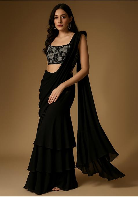 Black Chinon Sequin Embroidered Blouse Pre Draped Saree Set