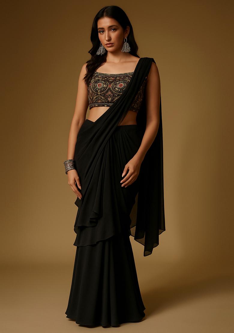 Black Chinon Sequin Embroidered Blouse Pre Draped Saree Set