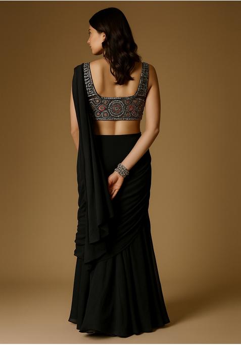 Black Chinon Sequin Embroidered Blouse Pre Draped Saree Set