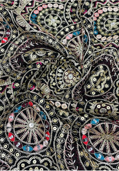 Black Chinon Sequin Embroidered Blouse Pre Draped Saree Set