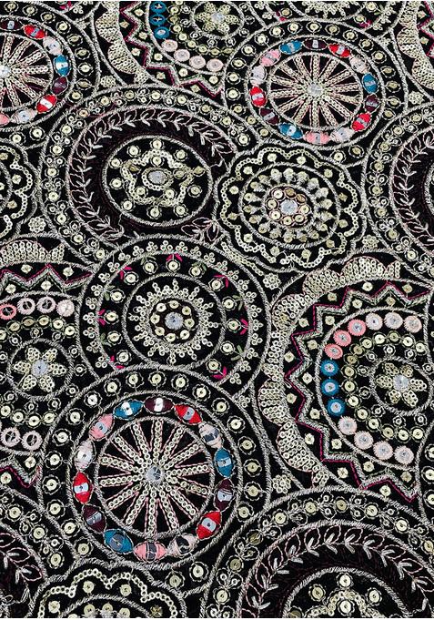 Black Chinon Sequin Embroidered Blouse Pre Draped Saree Set