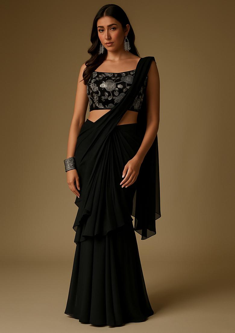Black Chinon Sequin Embroidered Blouse Pre Draped Saree Set