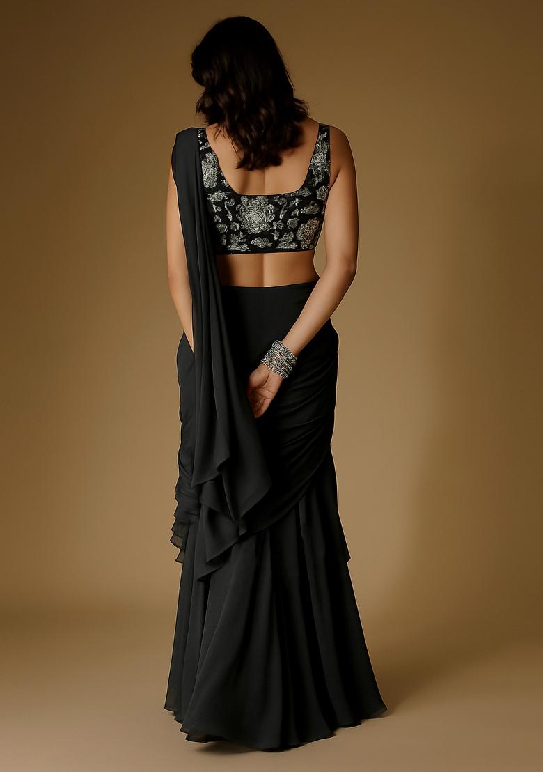 Black Chinon Sequin Embroidered Blouse Pre Draped Saree Set