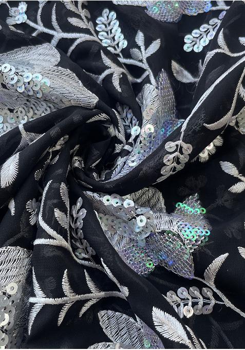 Black Chinon Sequin Embroidered Blouse Pre Draped Saree Set