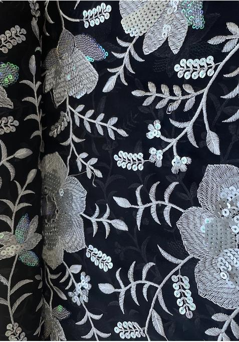 Black Chinon Sequin Embroidered Blouse Pre Draped Saree Set