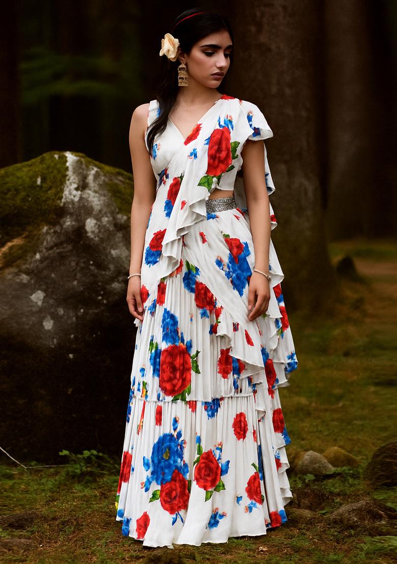 White Satin Printed Pre Draped Saree Set