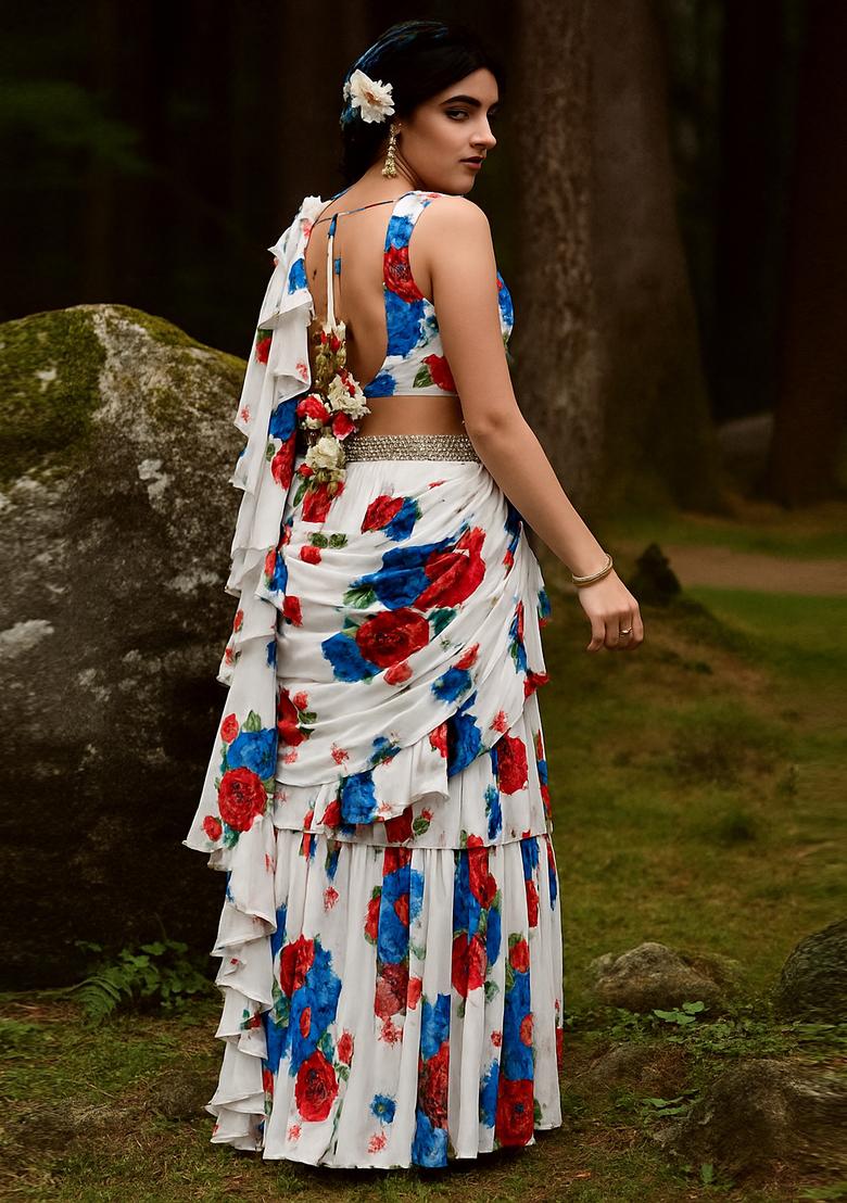 White Satin Printed Pre Draped Saree Set