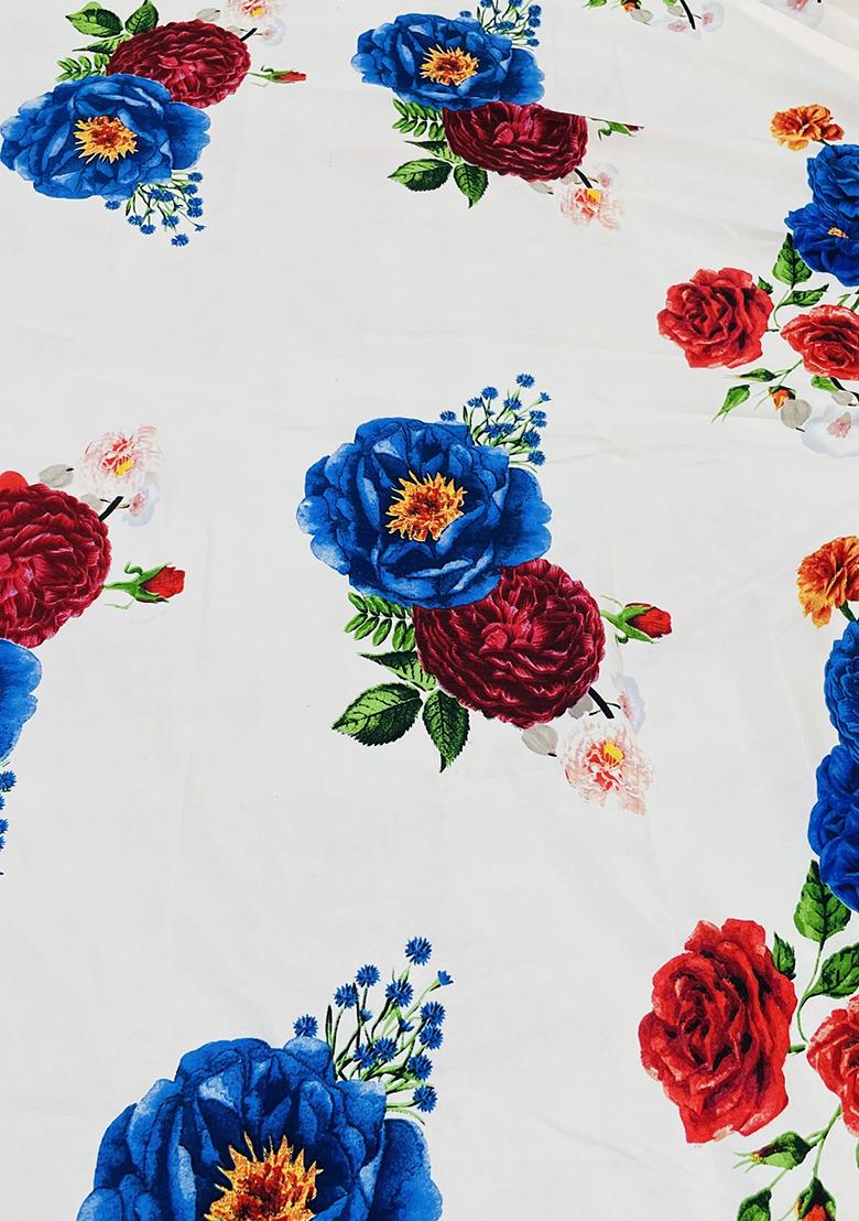 White Satin Printed Pre Draped Saree Set