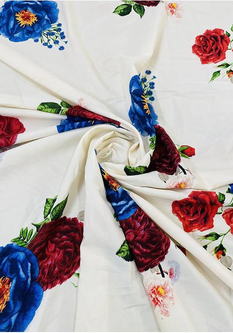 White Satin Printed Pre Draped Saree Set