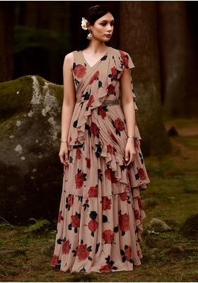 Light Brown Satin Printed Blouse Pre Draped Saree Set